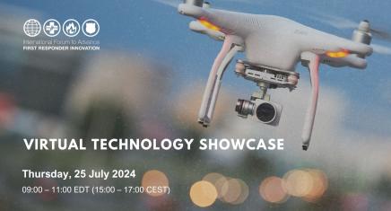 Drone flying over the text "Virtual Technology Showcase"
